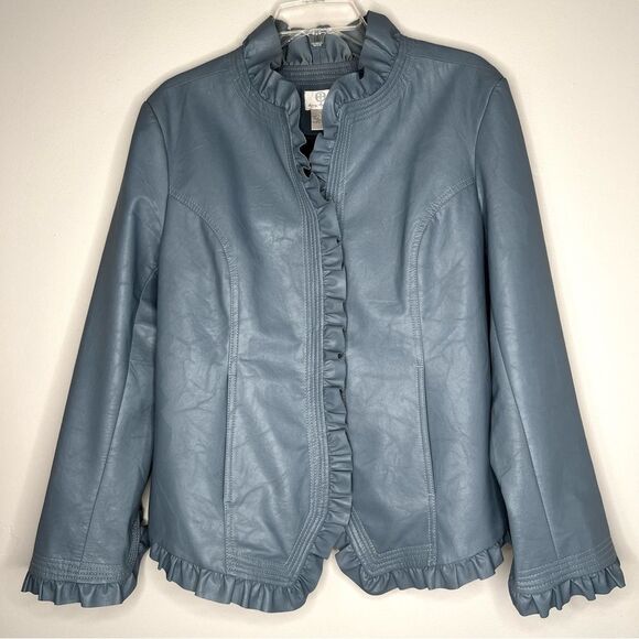 Hot In Hollywood Slate Faux Leather Ruffle Cottagecore Academia Jacket Blazer L - Picture 16 of 16